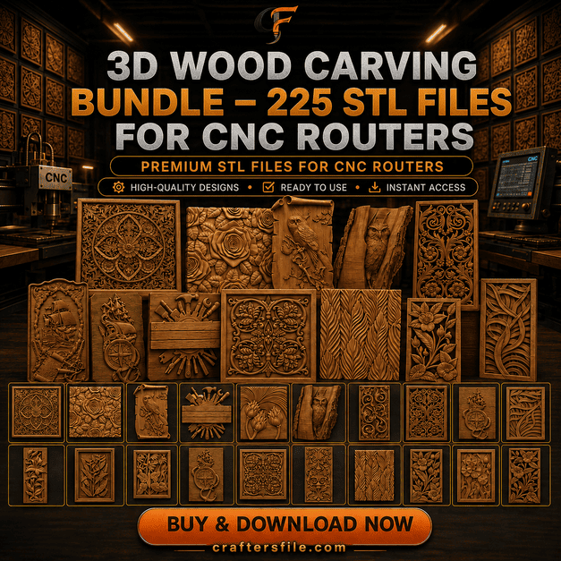 3D Wood Carving Bundle – 225 STL Files for CNC Routers