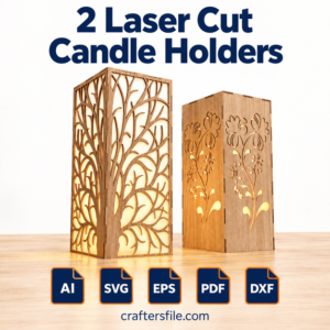 Front view of two illuminated wooden candle holders with branching and floral patterns.
